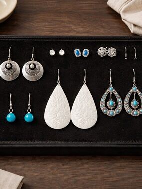 White Teardrop Embossed Dangle Earrings — Women's Boho Jewelry